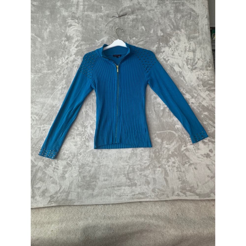 Fontana Womens Ribbed Full Zip Studded Sweater Turquoise Blue Mock Neck Size M